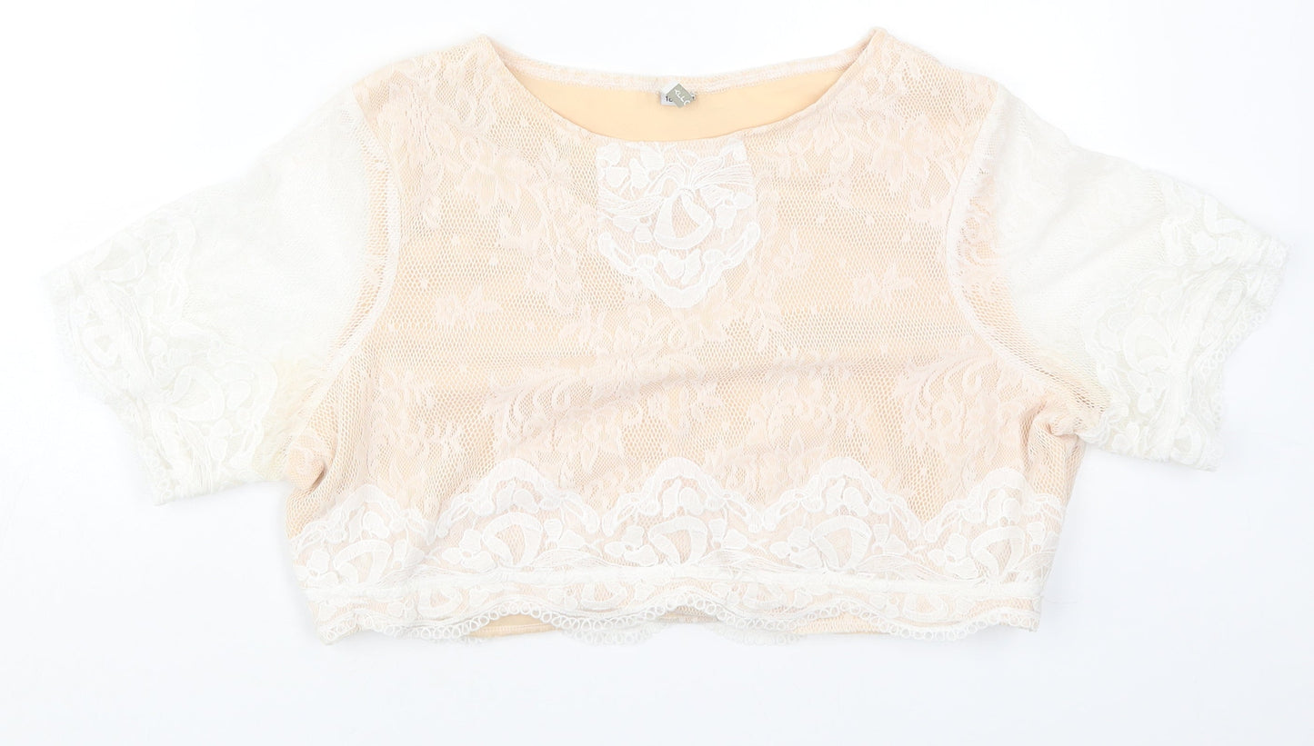 Polly Womens Beige  Polyester Cropped T-Shirt Size 18 Round Neck