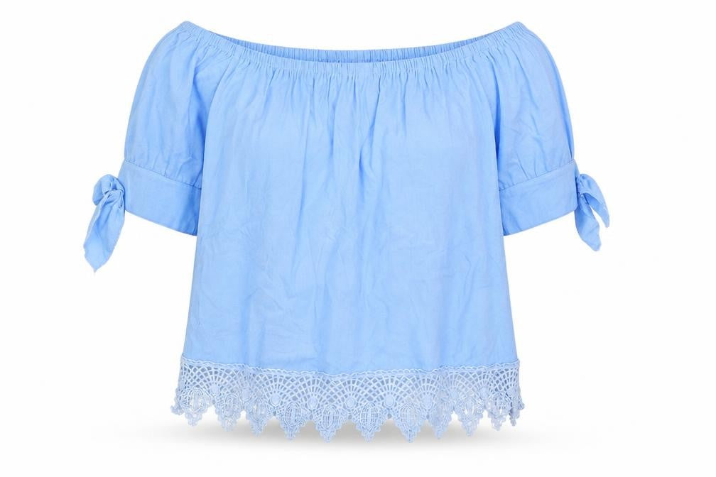 Front view of Fashion women’s blue cotton basic blouse, size 2XL, off the shoulder