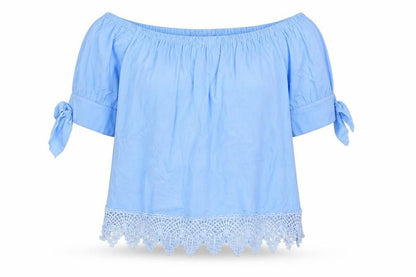 Front view of Fashion women’s blue cotton basic blouse, size 2XL, off the shoulder