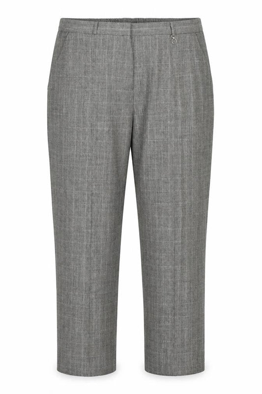 Front view of Bonmarché women’s grey plaid polyester dress pants trousers, size UK 18, 23-inch leg regular