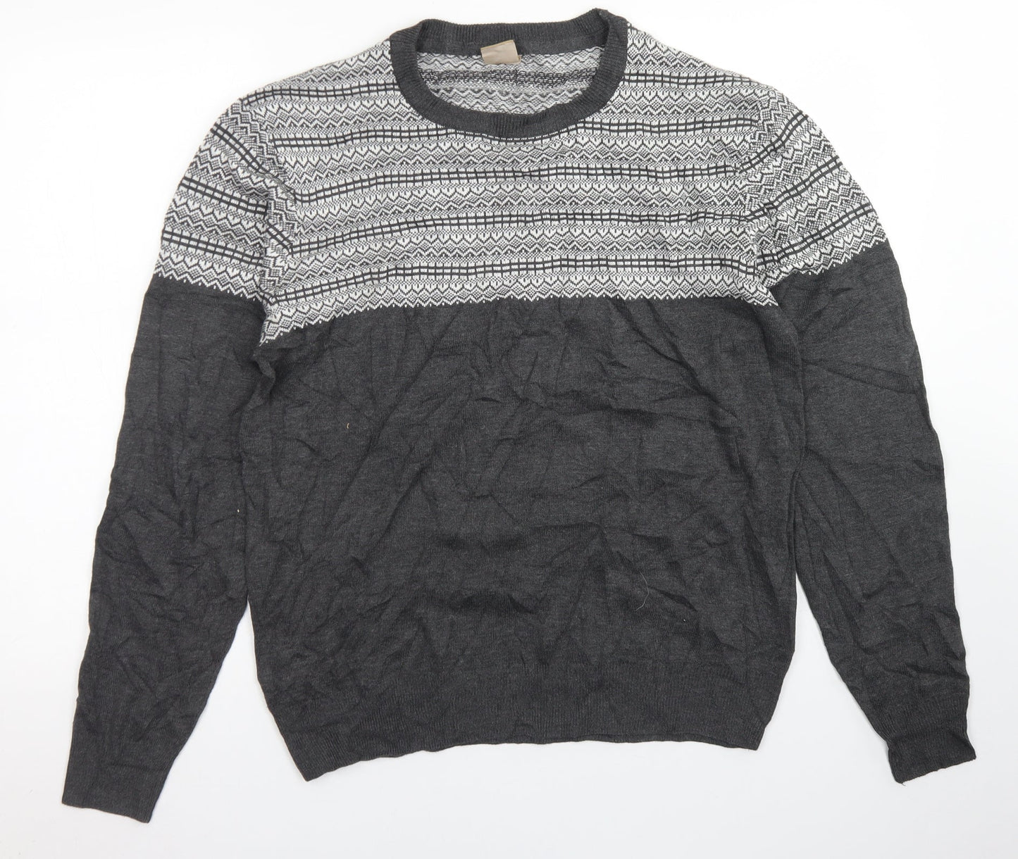 Oak Valley Mens Grey Crew Neck Fair Isle Acrylic Pullover Jumper Size M