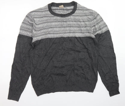 Oak Valley Mens Grey Crew Neck Fair Isle Acrylic Pullover Jumper Size M