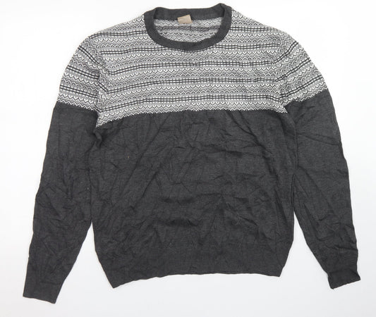 Oak Valley Mens Grey Crew Neck Fair Isle Acrylic Pullover Jumper Size M