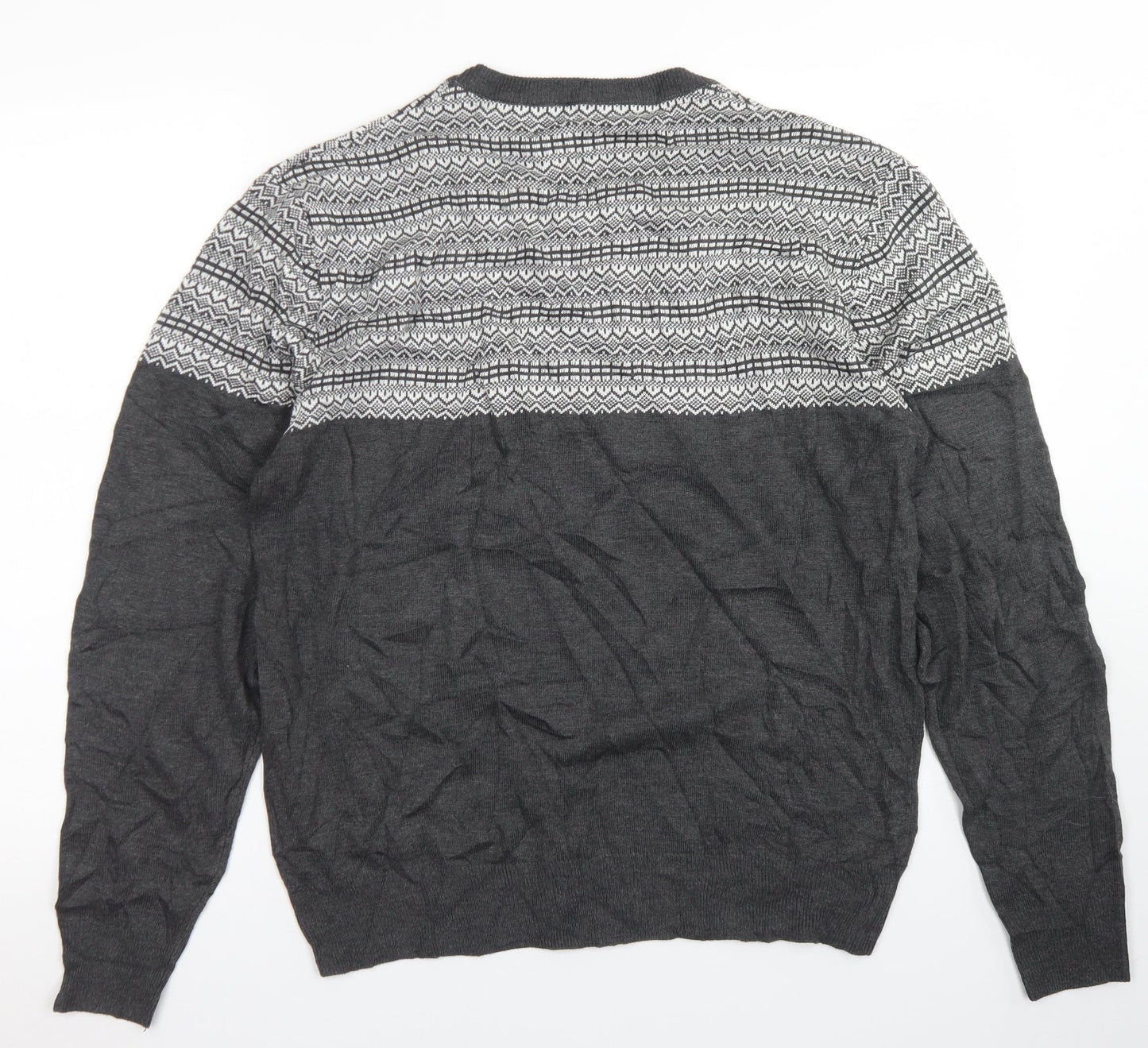 Oak Valley Mens Grey Crew Neck Fair Isle Acrylic Pullover Jumper Size M