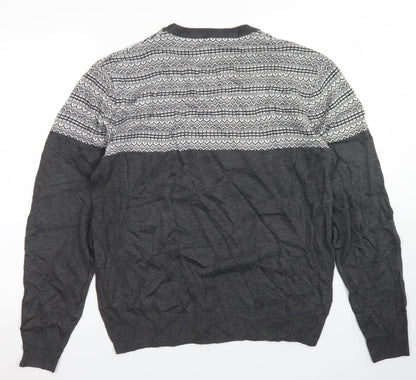 Oak Valley Mens Grey Crew Neck Fair Isle Acrylic Pullover Jumper Size M