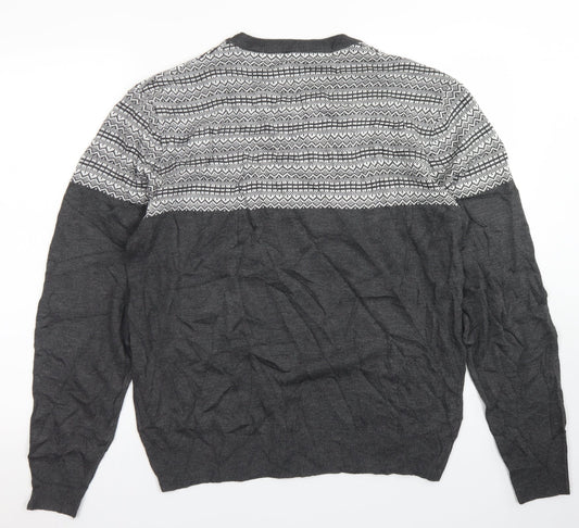 Oak Valley Mens Grey Crew Neck Fair Isle Acrylic Pullover Jumper Size M