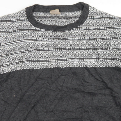 Oak Valley Mens Grey Crew Neck Fair Isle Acrylic Pullover Jumper Size M