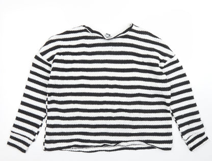 Primark Womens White Crew Neck Striped Polyester Pullover Jumper Size M   - Cropped