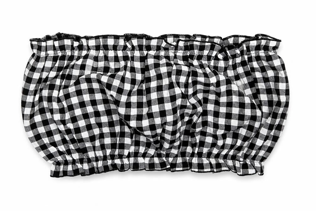 Front view of SHEIN women’s black check polyester cropped blouse, size L, off the shoulder - bandeau