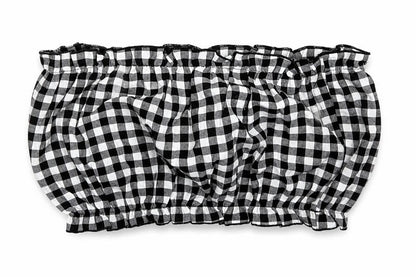 Front view of SHEIN women’s black check polyester cropped blouse, size L, off the shoulder - bandeau