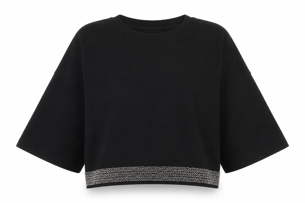 Front view of Next women’s black viscose cropped t-shirt, size UK 6, off the shoulder