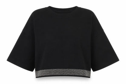 Front view of Next women’s black viscose cropped t-shirt, size UK 6, off the shoulder