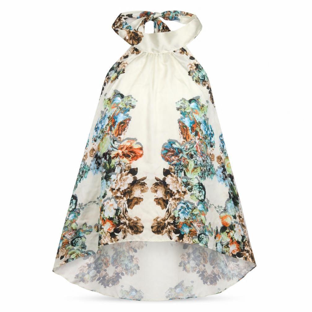 Front view of Layers women’s ivory floral polyester basic blouse, size M, halter