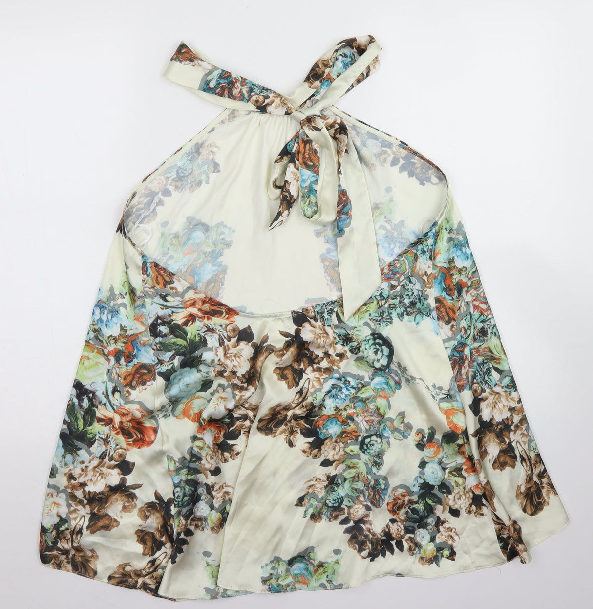 Back view of Layers women’s ivory floral polyester basic blouse, size M, halter
