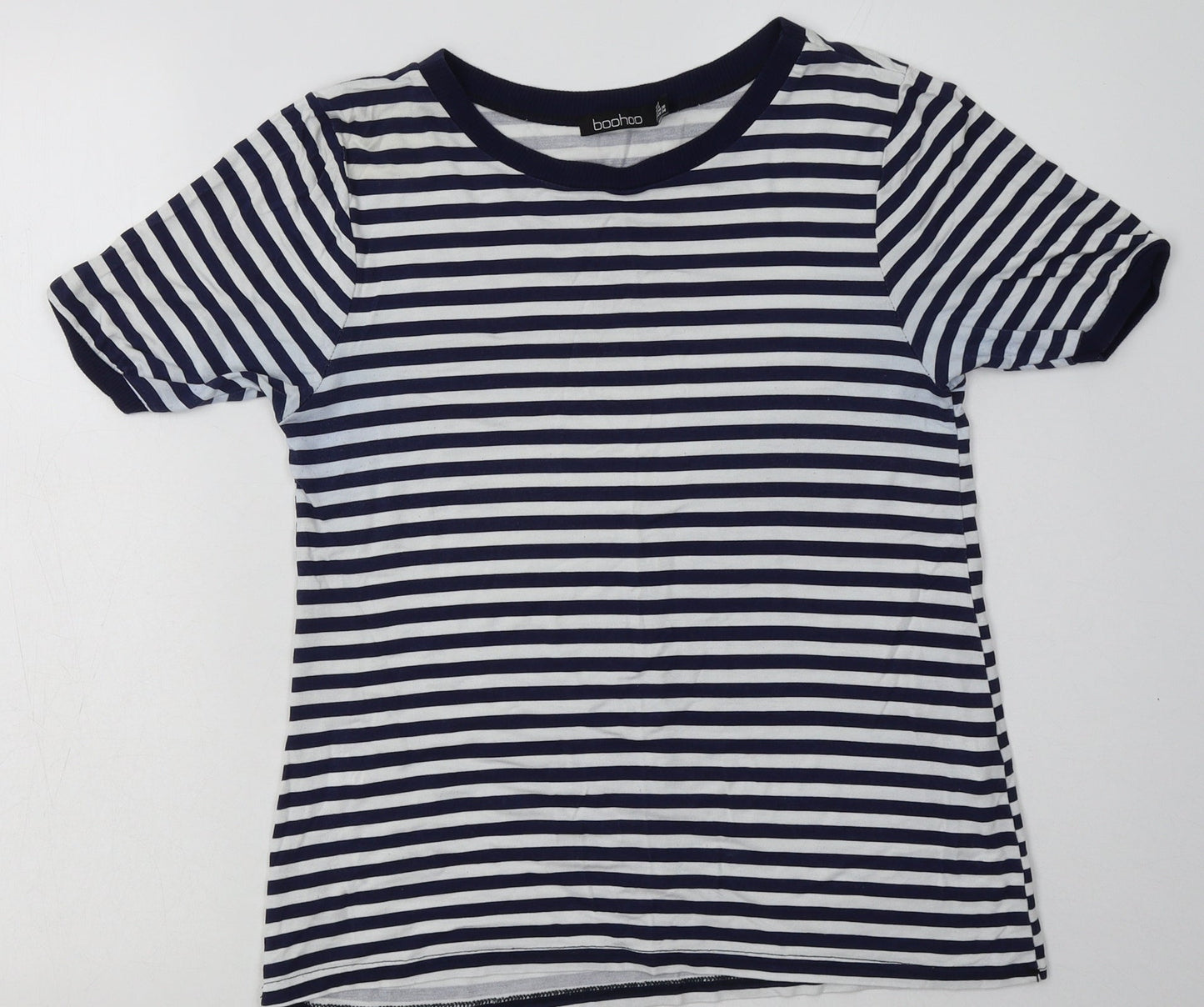 Boohoo Womens Blue Striped Viscose Basic T-Shirt Size 8 Crew Neck