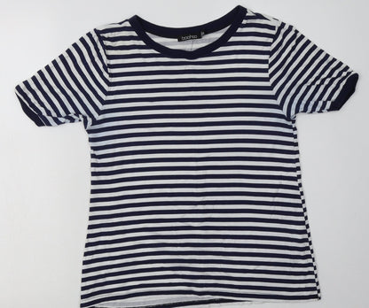 Boohoo Womens Blue Striped Viscose Basic T-Shirt Size 8 Crew Neck