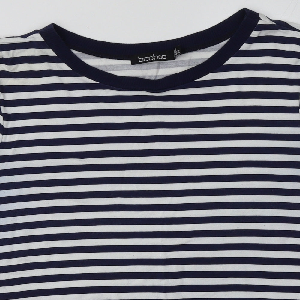 Boohoo Womens Blue Striped Viscose Basic T-Shirt Size 8 Crew Neck