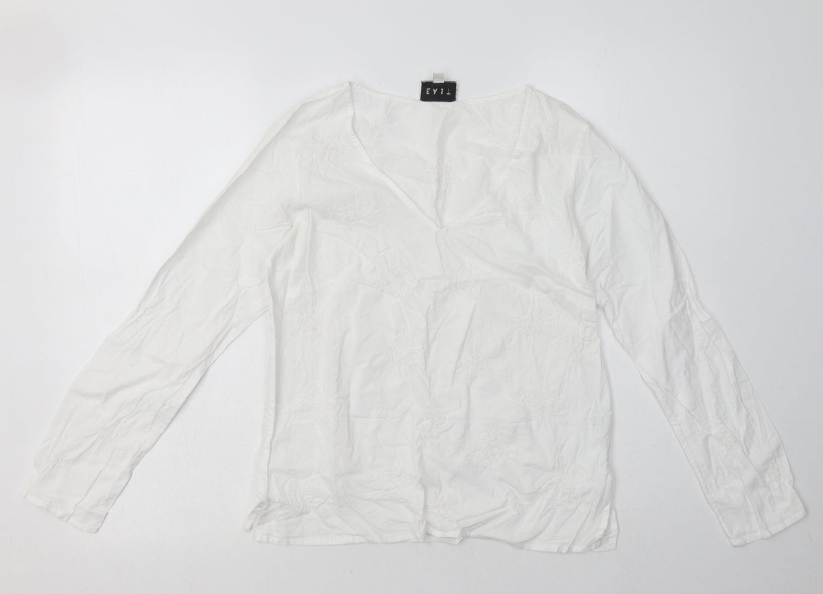 Front view of East women’s white geometric cotton pullover sweatshirt, size UK 10, pullover