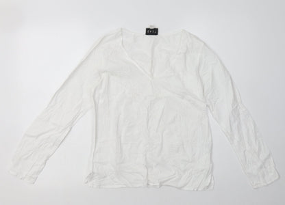 Front view of East women’s white geometric cotton pullover sweatshirt, size UK 10, pullover