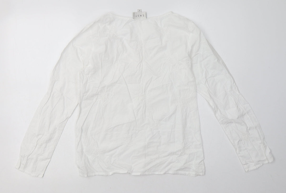 Back view of East women’s white geometric cotton pullover sweatshirt, size UK 10, pullover