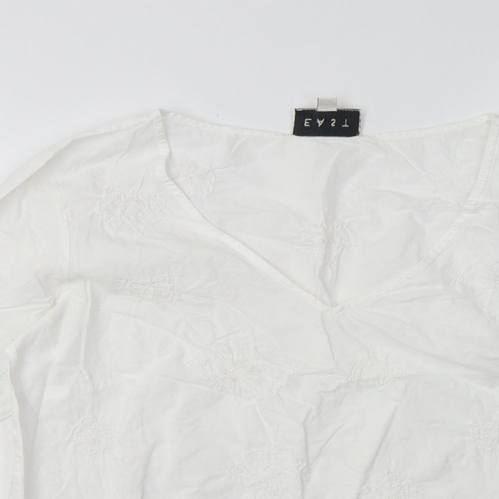 Close-up detail of East women’s white geometric cotton pullover sweatshirt, size UK 10, pullover