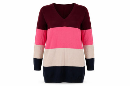 Front view of Marks & Spencer women’s multicoloured striped acrylic jumper dress, size UK 10, v-neck pullover
