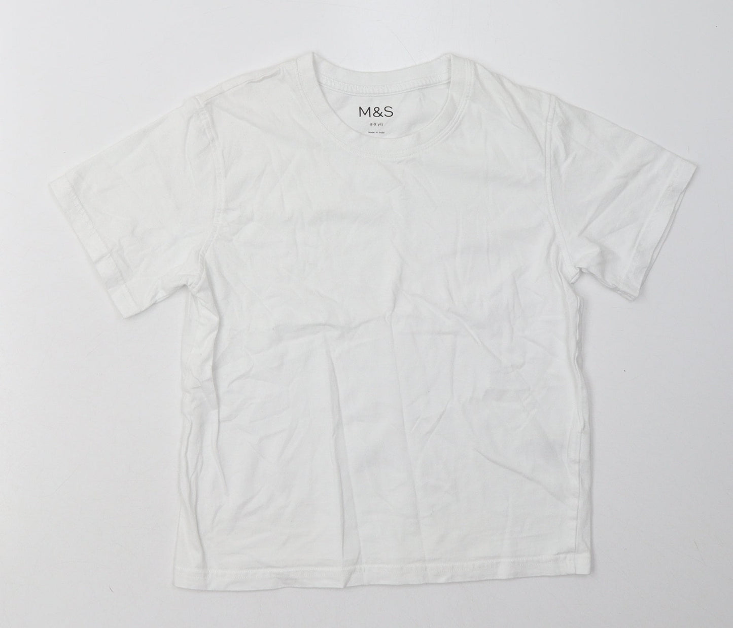 Marks and Spencer Girls White  Cotton Basic T-Shirt Size 8-9 Years Crew Neck Pullover