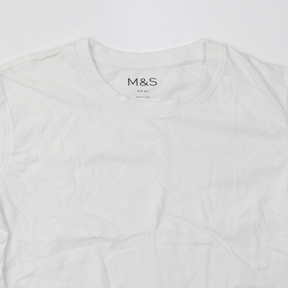 Marks and Spencer Girls White  Cotton Basic T-Shirt Size 8-9 Years Crew Neck Pullover