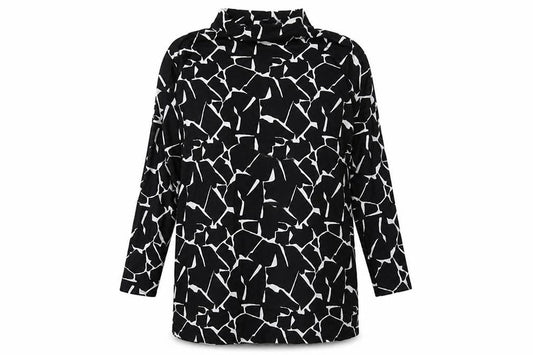 Front view of Capsule women’s black geometric cotton a-line, size UK 14, halter pullover