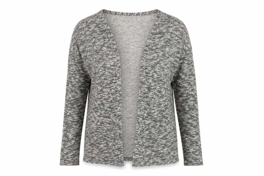 Front view of Topshop women’s grey v-neck cotton cardigan jumper, size UK 10