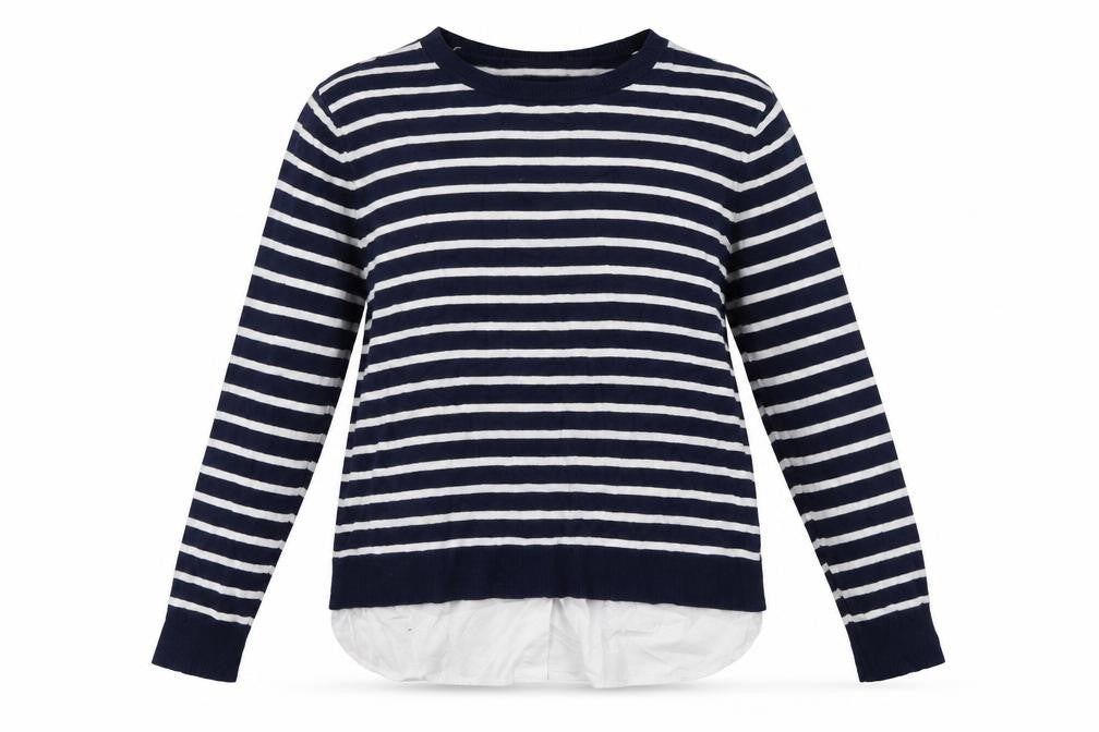 Front view of wallus women’s blue striped viscose pullover sweatshirt, size M, pullover