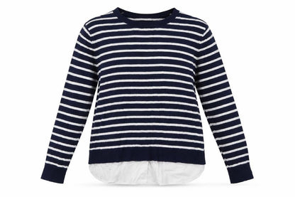 Front view of wallus women’s blue striped viscose pullover sweatshirt, size M, pullover