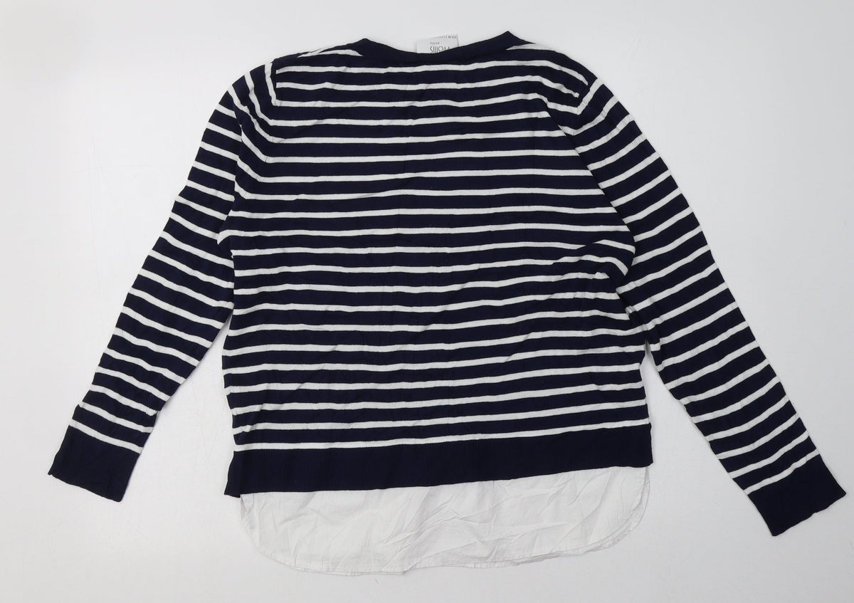 Back view of wallus women’s blue striped viscose pullover sweatshirt, size M, pullover