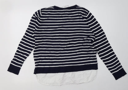Back view of wallus women’s blue striped viscose pullover sweatshirt, size M, pullover