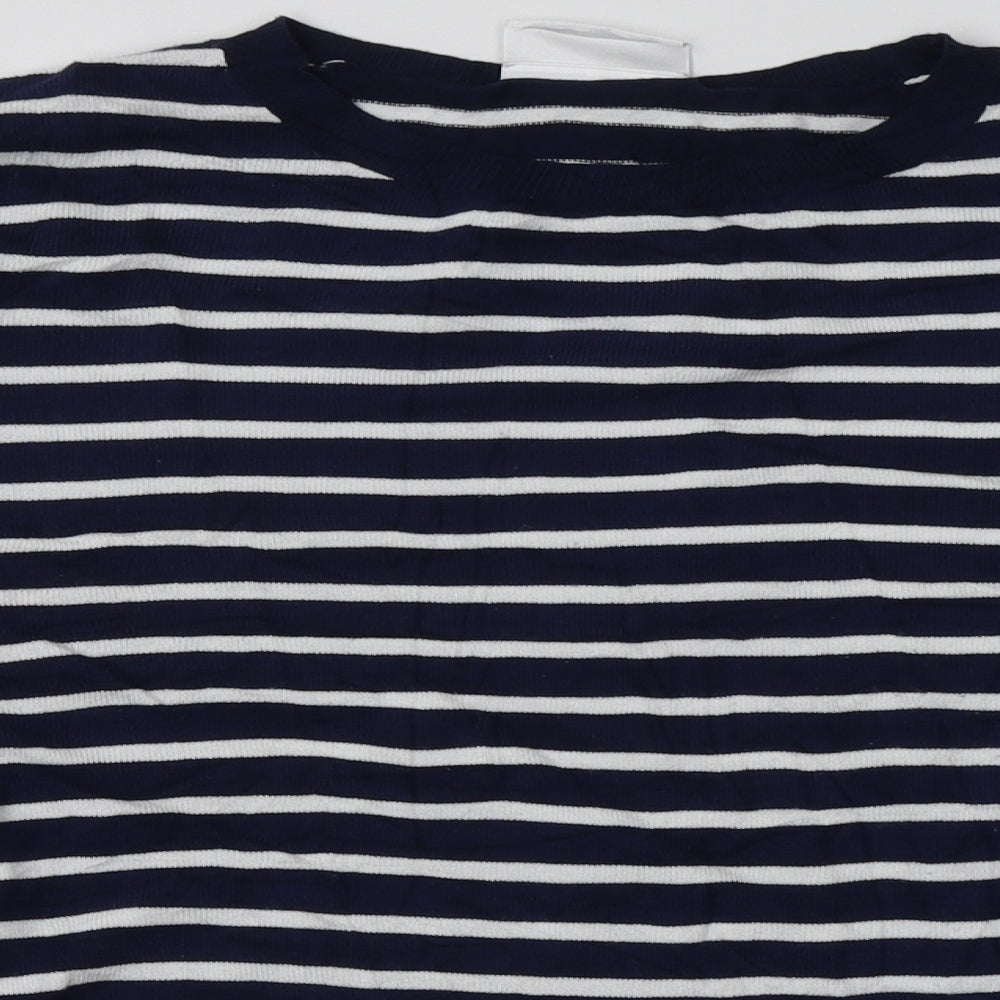Close-up detail of wallus women’s blue striped viscose pullover sweatshirt, size M, pullover