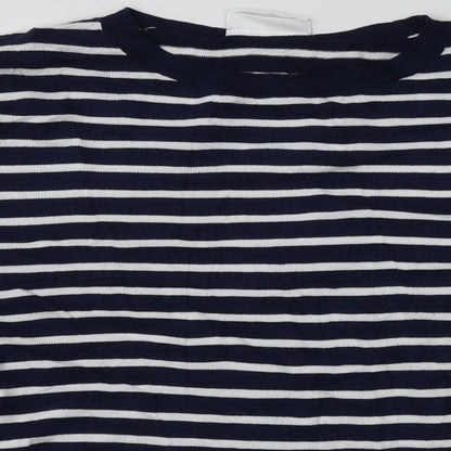 Close-up detail of wallus women’s blue striped viscose pullover sweatshirt, size M, pullover
