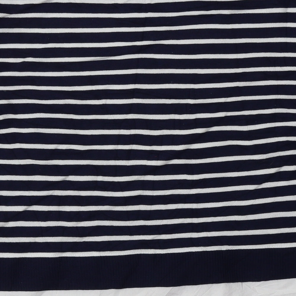 Brand and care label for wallus women’s blue striped viscose pullover sweatshirt, size M, pullover