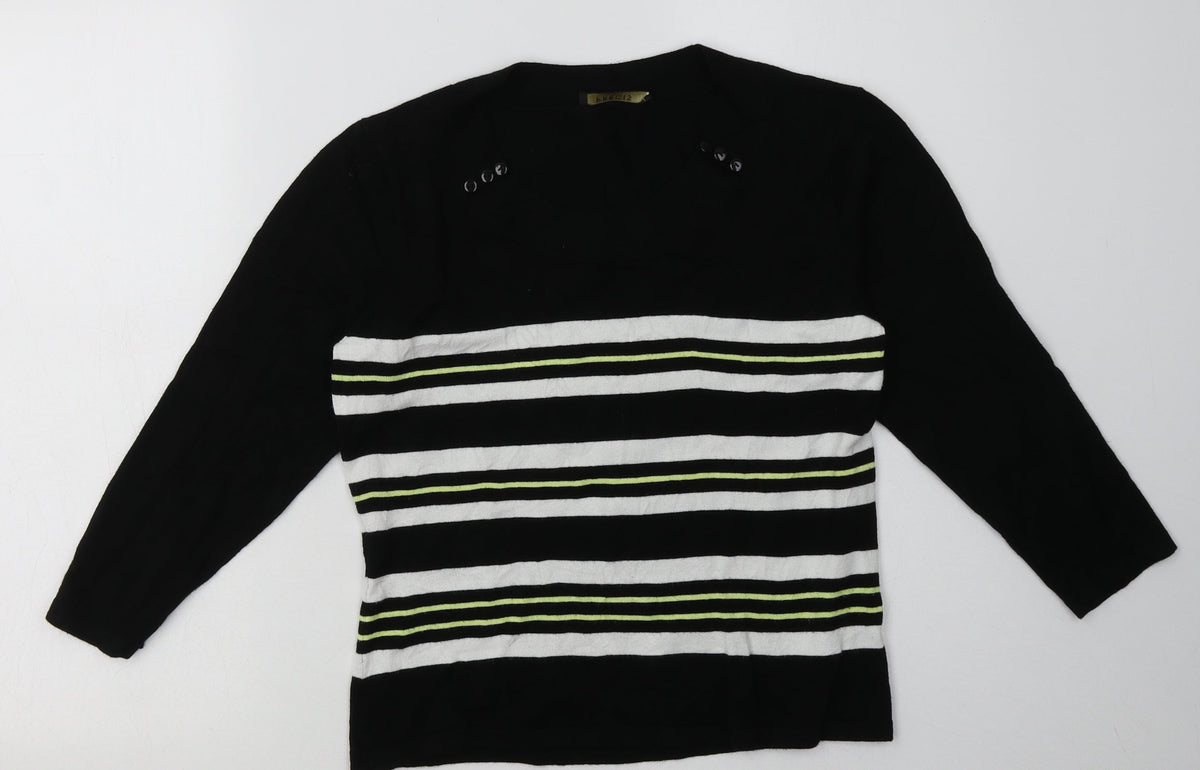 Additional front view of Precis women’s black striped viscose pullover sweatshirt, size S, pullover