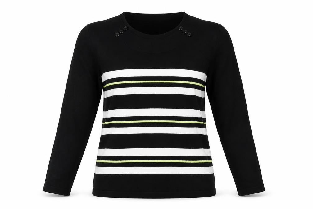Front view of Precis women’s black striped viscose pullover sweatshirt, size S, pullover