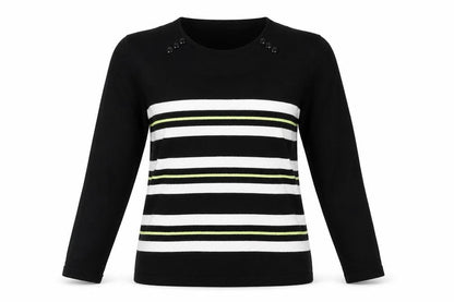 Front view of Precis women’s black striped viscose pullover sweatshirt, size S, pullover