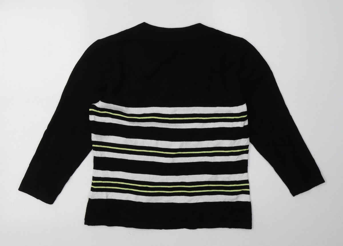 Back view of Precis women’s black striped viscose pullover sweatshirt, size S, pullover