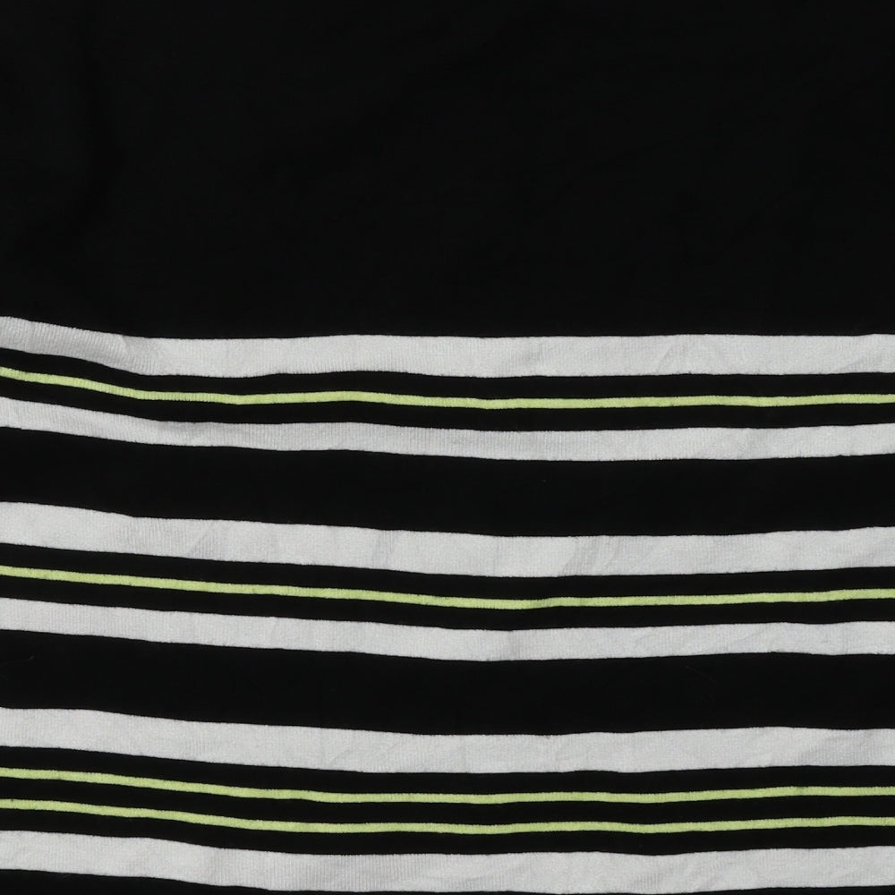 Brand and care label for Precis women’s black striped viscose pullover sweatshirt, size S, pullover