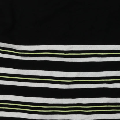 Brand and care label for Precis women’s black striped viscose pullover sweatshirt, size S, pullover