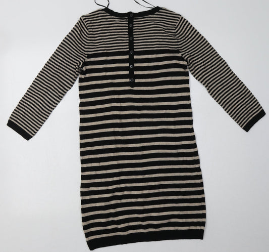 H&M Womens Brown Striped Polyamide Jumper Dress  Size XS  Crew Neck Button