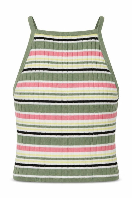 Front view of H&M women’s green striped acrylic cropped tank, size S, crew neck