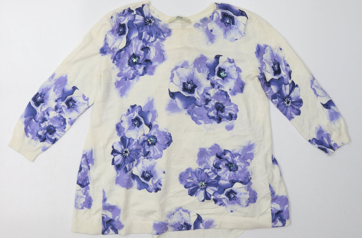 Additional front view of Oasis women’s purple floral cotton pullover sweatshirt, size S, pullover