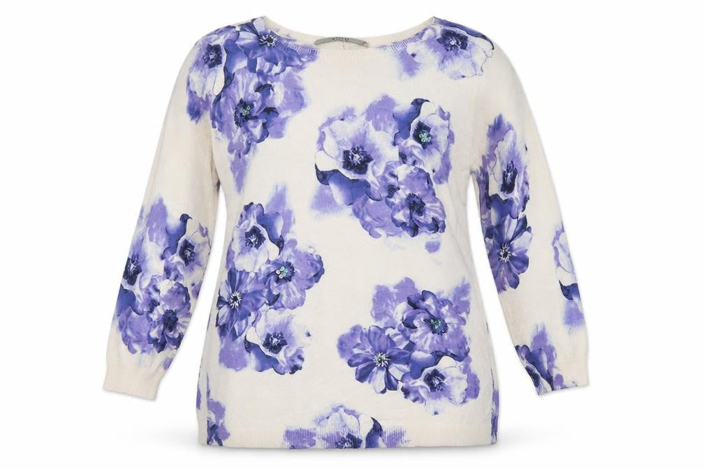 Front view of Oasis women’s purple floral cotton pullover sweatshirt, size S, pullover