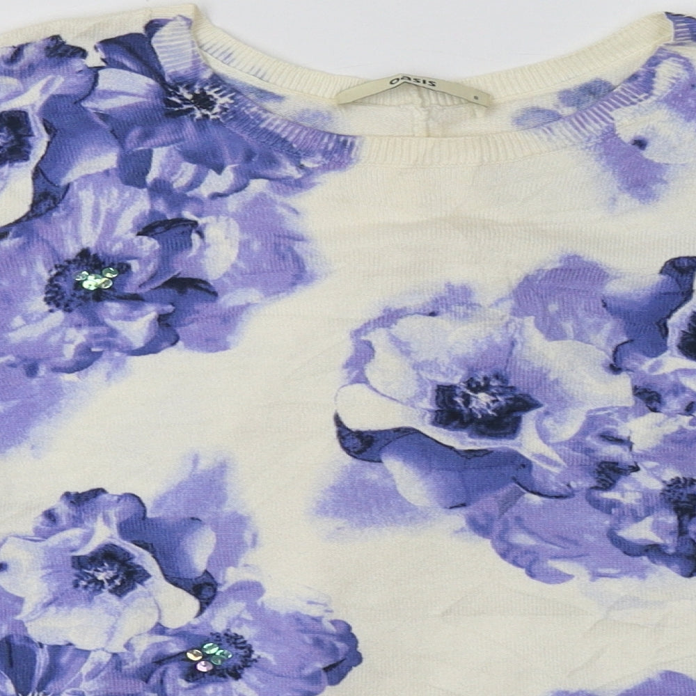 Close-up detail of Oasis women’s purple floral cotton pullover sweatshirt, size S, pullover
