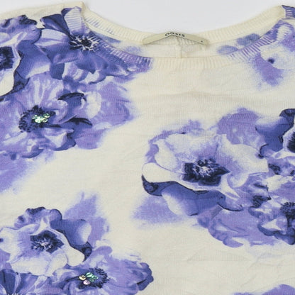 Close-up detail of Oasis women’s purple floral cotton pullover sweatshirt, size S, pullover