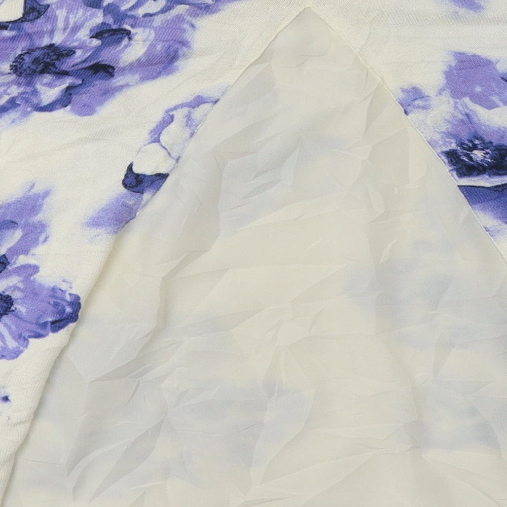 Brand and care label for Oasis women’s purple floral cotton pullover sweatshirt, size S, pullover
